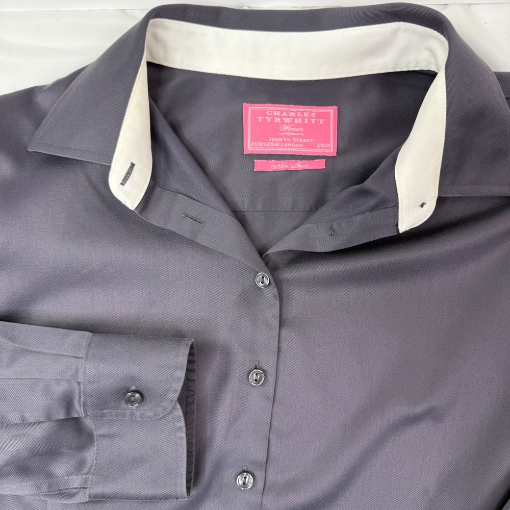 Charles Tyrwhitt Womens Non-Iron Button Down Shirt Grey White Collar US 16 UK 20